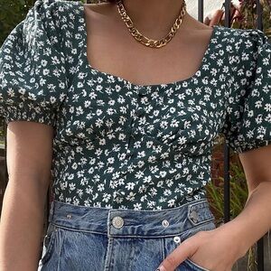 Free people Floral Green Puff Sleeve Top